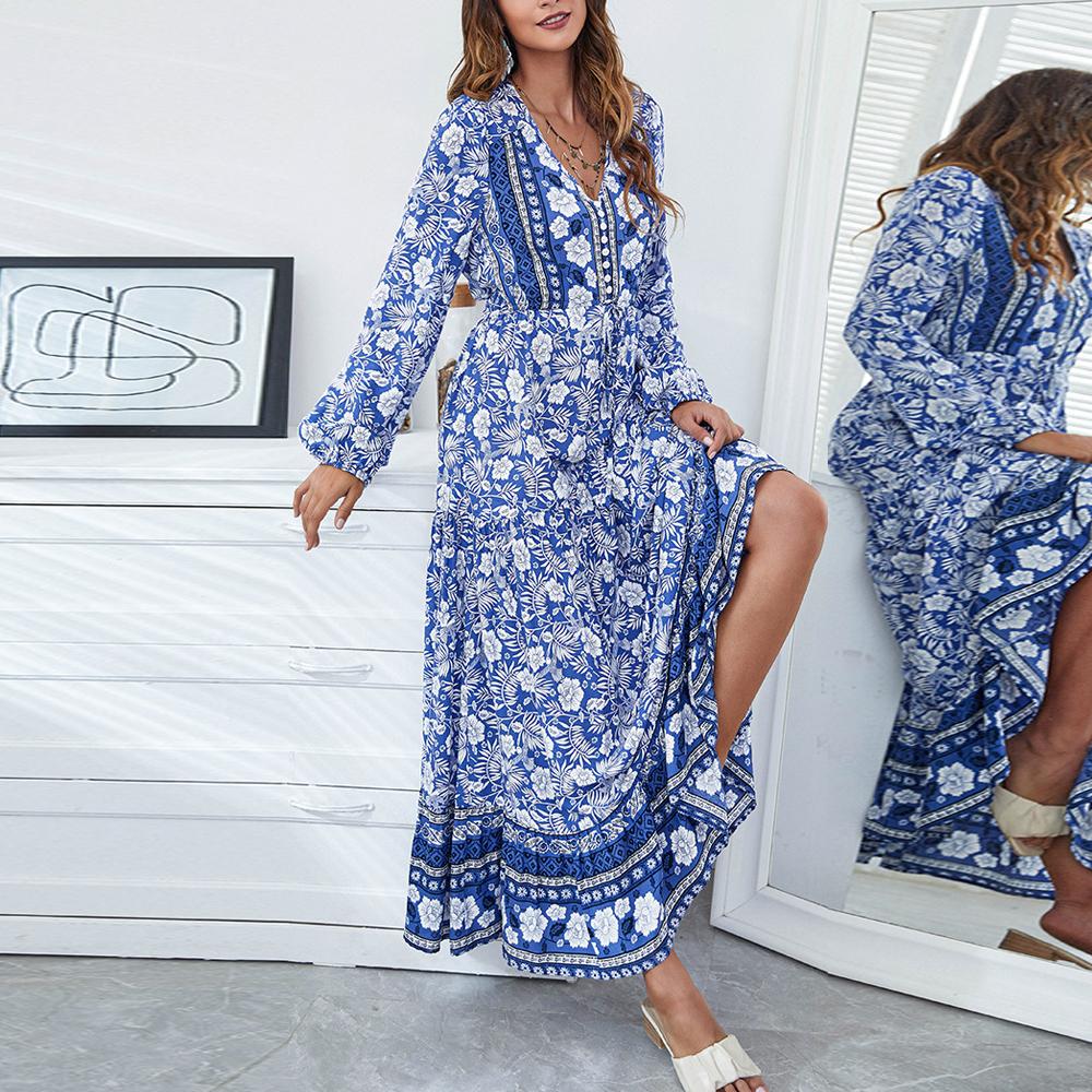 Half Button Allover Floral Print V Neck Bishop Sleeve Maxi Dress