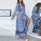 Half Button Allover Floral Print V Neck Bishop Sleeve Maxi Dress
