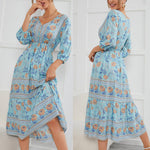 Floral V-neck Bishop Sleeve Button Front High Waist A-line Dress