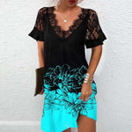Black V Neck Floral & Feather Print Contrast Lace Short Sleeve Dress