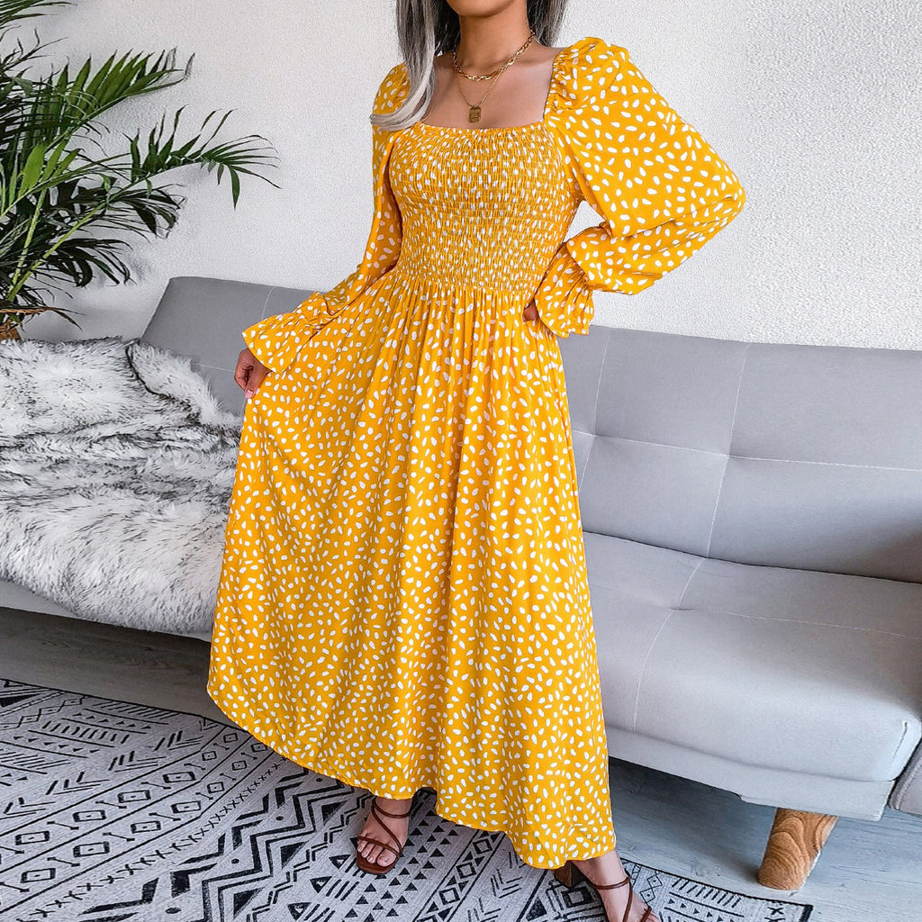 Adult Square Neck Maxi Dress Puff Sleeve Pleated Dress