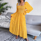 Adult Square Neck Maxi Dress Puff Sleeve Pleated Dress