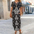 Black V Neck Floral Print Short Sleeve Pocket Dress
