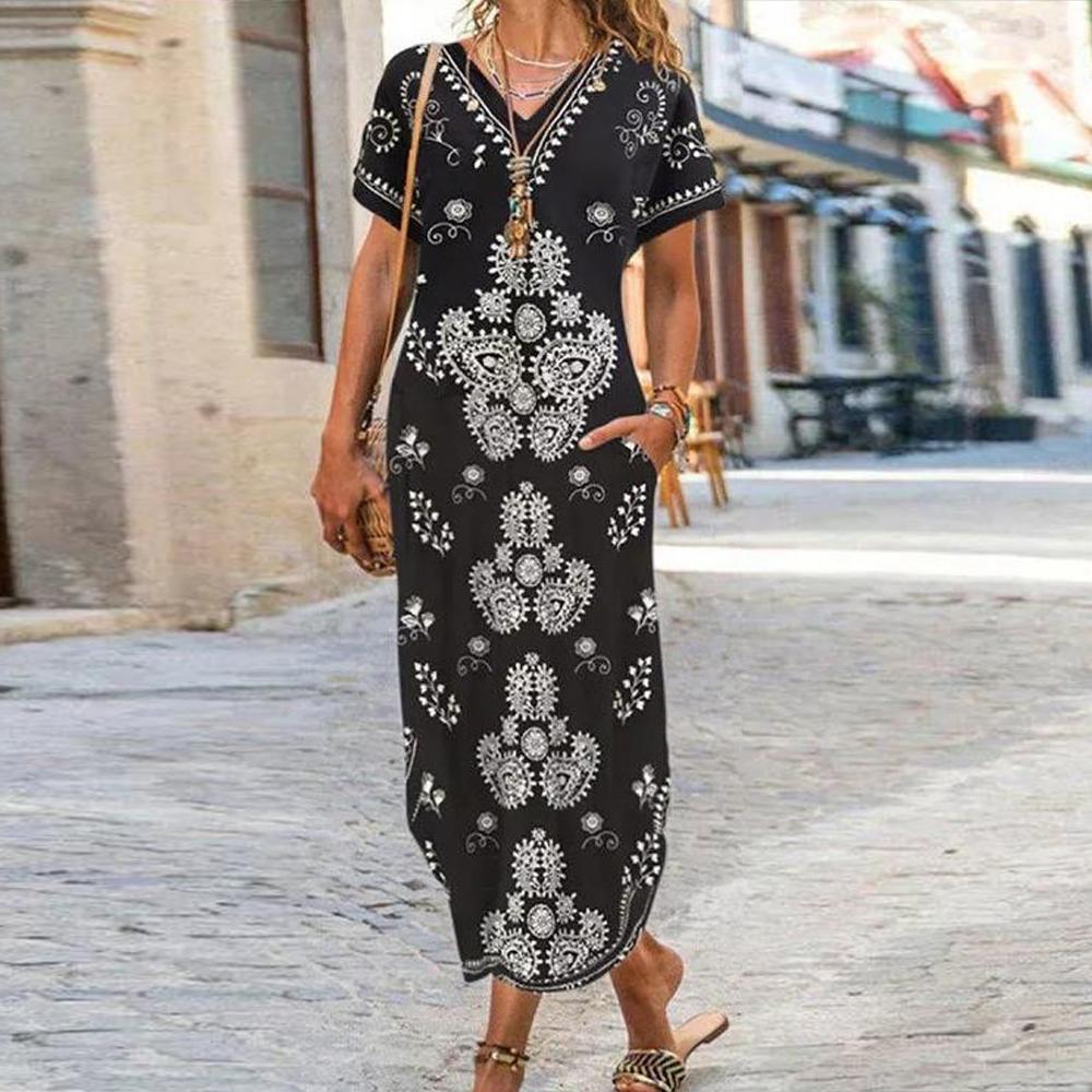 Black V Neck Floral Print Short Sleeve Pocket Dress