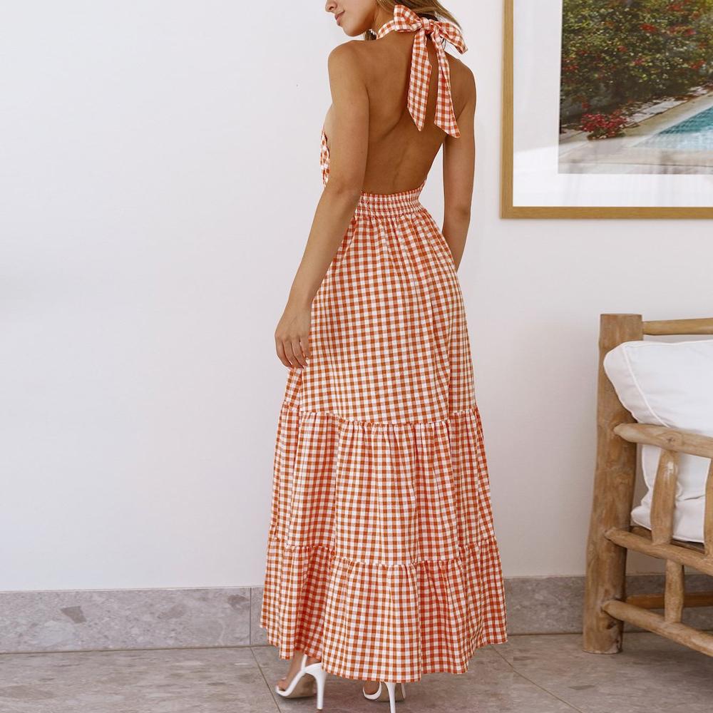Orange Halter Neck Plaid Tie Back Ruffle Hem Dress