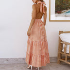 Orange Halter Neck Plaid Tie Back Ruffle Hem Dress