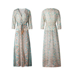 Allover Print Tie Front V Neck Shirred Waist Split Thigh Dress