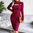 Mock Neck Cut Out Button Detail Bodycon Sweater Dress
