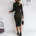 Three Colors High Neck Cut Out Shoulder Long Sleeve Midi Dress