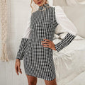 Stylish Plaid Stitching Dress Long Sleeve High-waist High Collar Dress