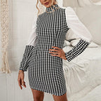 Stylish Plaid Stitching Dress Long Sleeve High-waist High Collar Dress