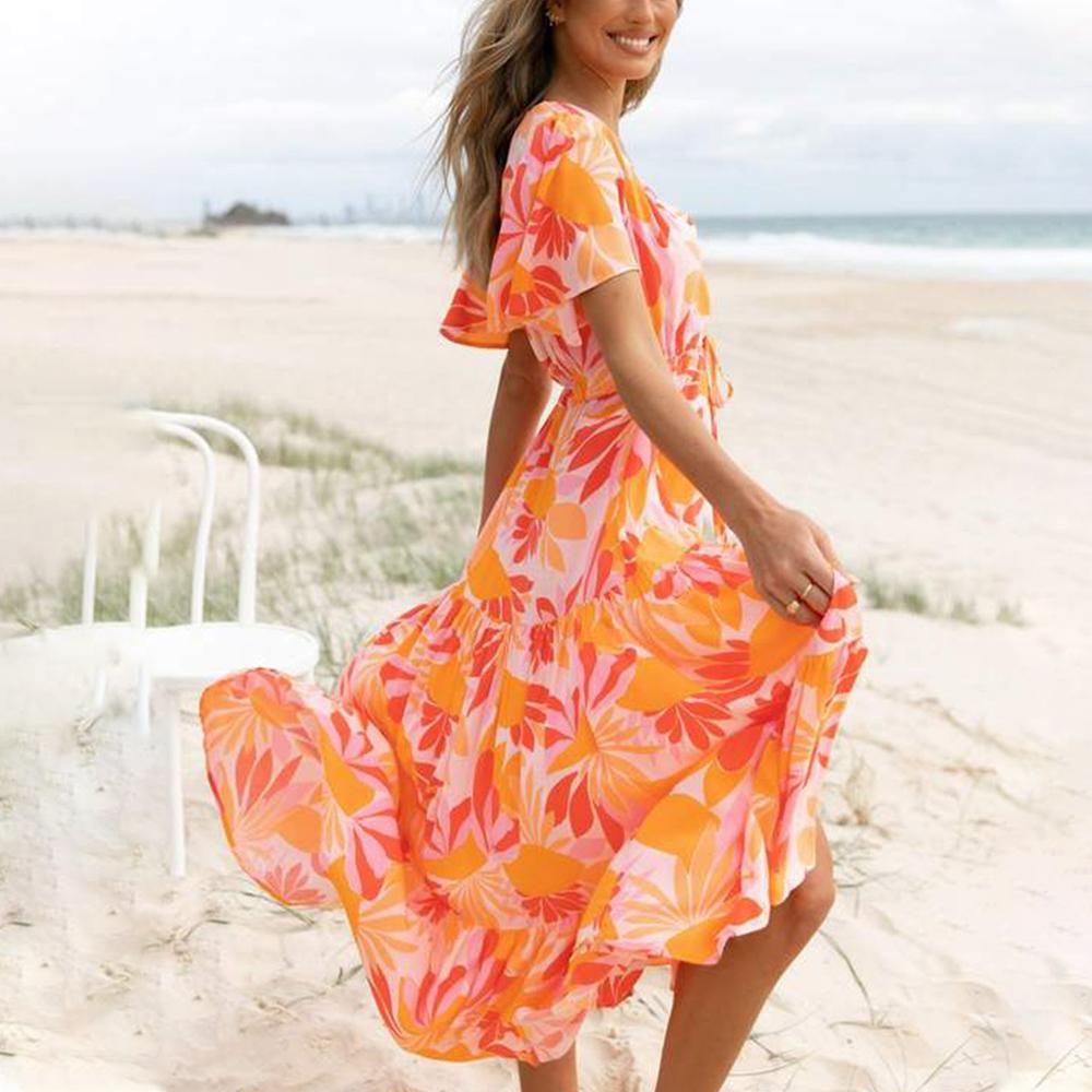 Orange V Neck Butterfly Sleeve Plant Print Slit Hem Drawstring Waist Dress