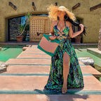 Tropical Print Lace Up Front Split Thigh Sexy Maxi Dress