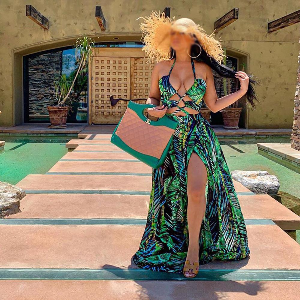 Tropical Print Lace Up Front Split Thigh Sexy Maxi Dress