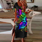 Black Round Neck Colorful Floral Print Short Sleeve Long Dress