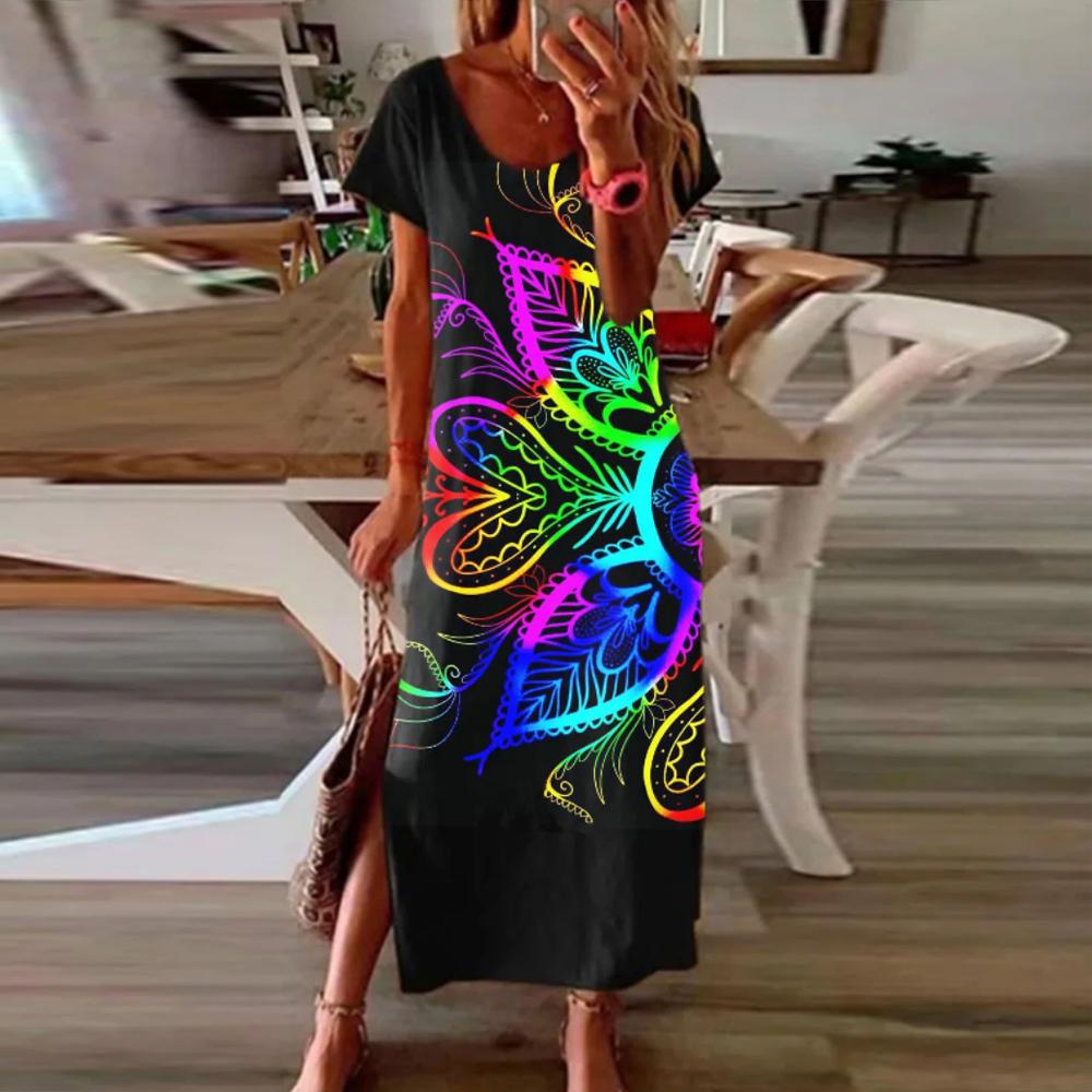 Black Round Neck Colorful Floral Print Short Sleeve Long Dress