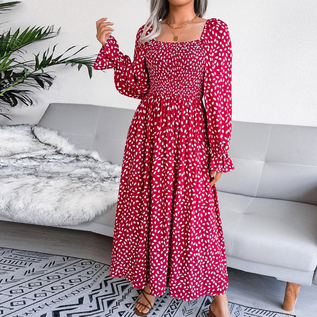 Dalmatian Print Flounce Sleeve Square Neck Shirred A Line Dress