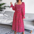 Dalmatian Print Flounce Sleeve Square Neck Shirred A Line Dress