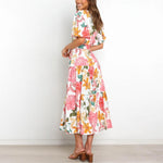 White Floral Print Butterfly Sleeve Ruffle Hem Belted Dress