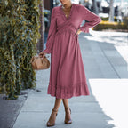 Solid Swiss Dot Mesh Flounce Sleeve Lettuce Trim V Neck Chiffon Dress