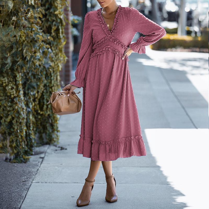 Solid Swiss Dot Mesh Flounce Sleeve Lettuce Trim V Neck Chiffon Dress