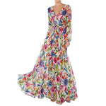 Tropical Leaves & Floral Print Lantern Sleeve V Neck Belted Maxi Dress