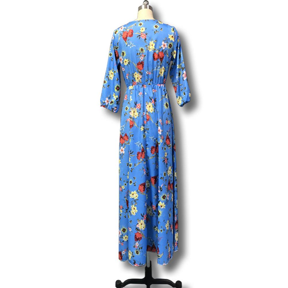 A-Line Floral Print Lantern Sleeve High Waist Long Dress Without Belt