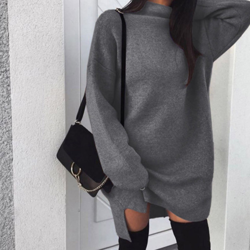Women Winter Long Sleeve Mini Dress Casual Turtleneck Pullover Knee Length Sweatershirt