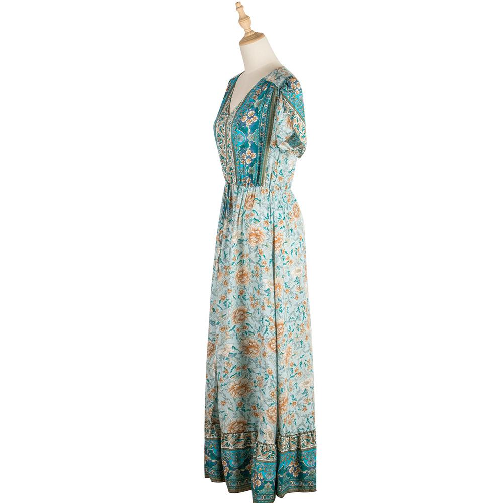 Paisley & Floral Print Surplice Sleeve Knot Waist V Neck Dress