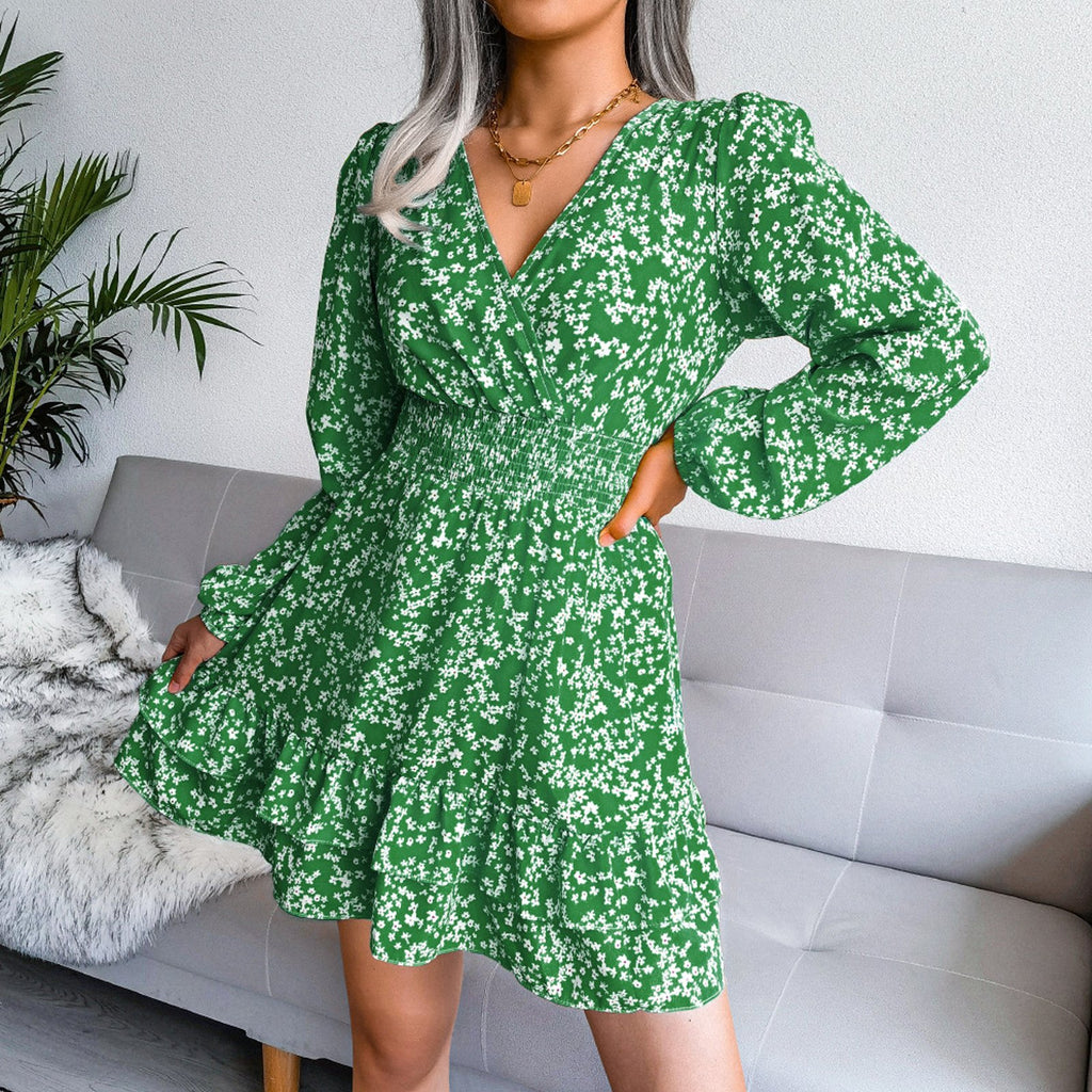Fashion Long Sleeve Chiffon Dress Floral Printed Deep V-neck Midi Party Dress