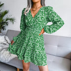 Fashion Long Sleeve Chiffon Dress Floral Printed Deep V-neck Midi Party Dress