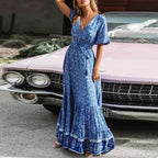Floral Print Waist Tassel Tie Button Through Flared Sleeve Dress