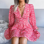 Elegent Chiffon Dress Floral Printed Deep V-neck Midi Party Dress