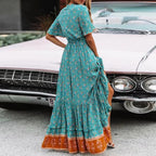 Floral Print Waist Tassel Tie Button Through Flared Sleeve Dress