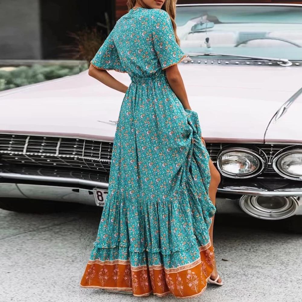 Floral Print Waist Tassel Tie Button Through Flared Sleeve Dress