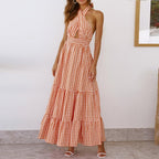 Orange Halter Neck Plaid Tie Back Ruffle Hem Dress