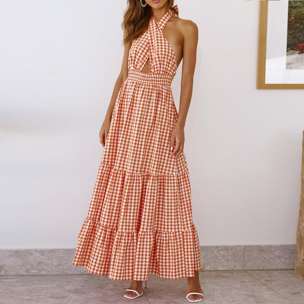 Orange Halter Neck Plaid Tie Back Ruffle Hem Dress
