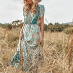 Paisley & Floral Print Surplice Sleeve Knot Waist V Neck Dress