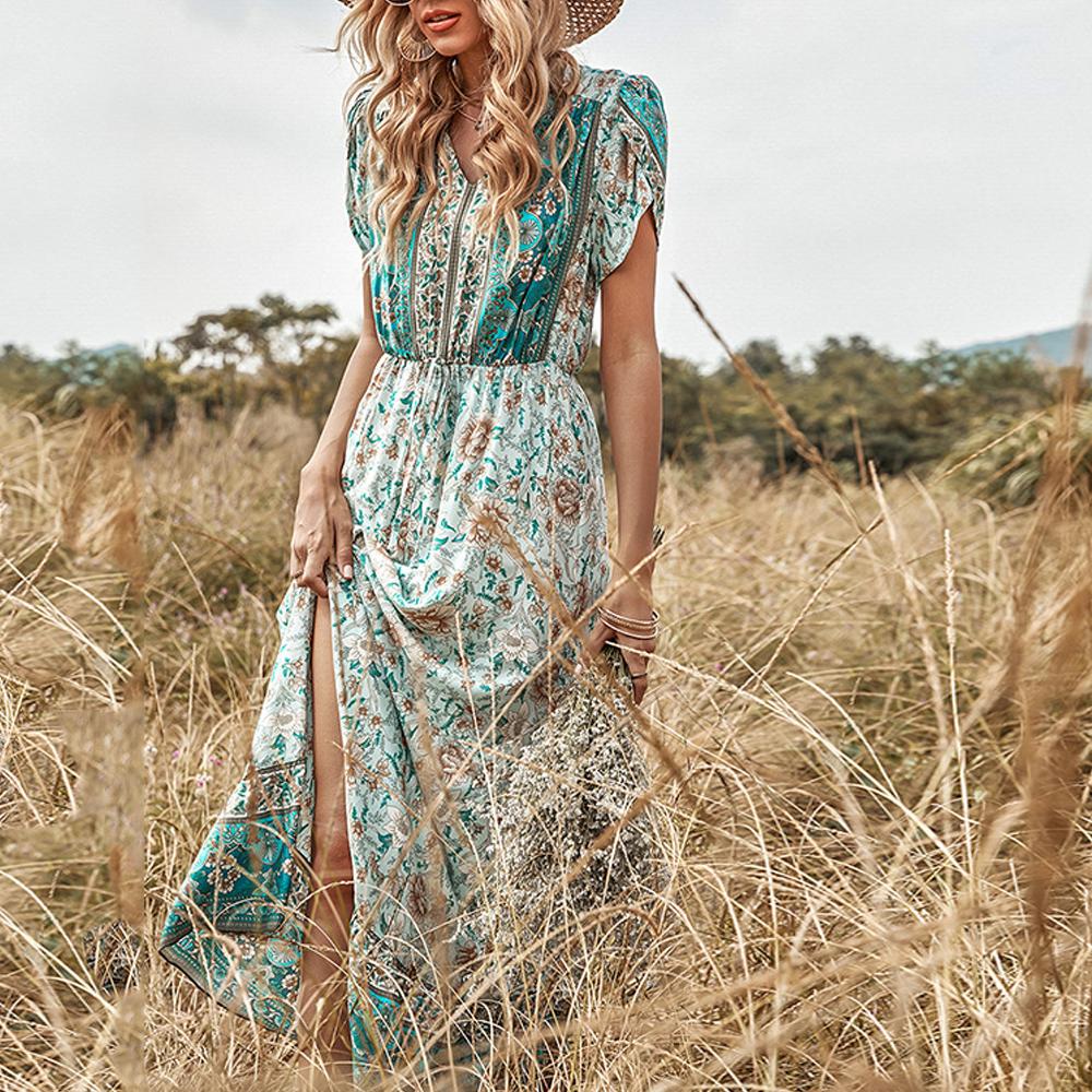Paisley & Floral Print Surplice Sleeve Knot Waist V Neck Dress