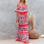 Allover Floral Print Off Shoulder Ruffle Hem Belted Maxi Dress