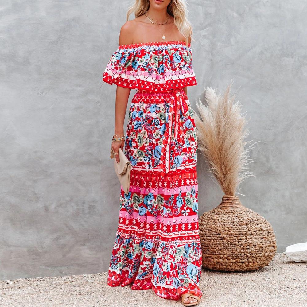 Allover Floral Print Off Shoulder Ruffle Hem Belted Maxi Dress