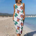 Sea Turtle Print Round Neck Pocket Patched Sleeveless Dress
