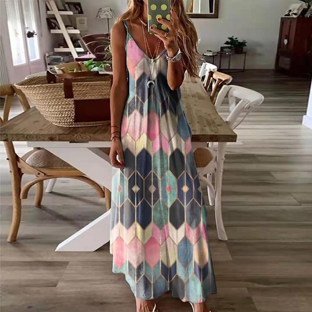 Floral & Geometric & Star and Moon & Leaf & Feather Print Cami Maxi Dress