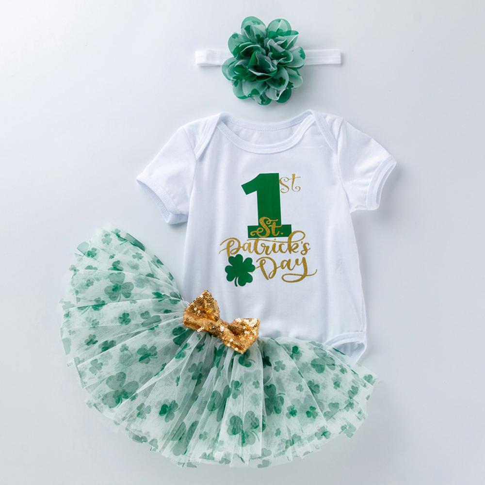 Baby Girl 1st St Patrick's Day Outfit Romper Flower Tutu Skirt and Headwear Suit