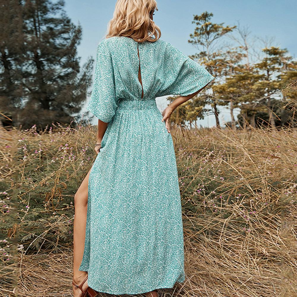 Green Allover Print Dolman Sleeve V Neck Slit Thigh Dress