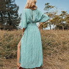 Green Allover Print Dolman Sleeve V Neck Slit Thigh Dress