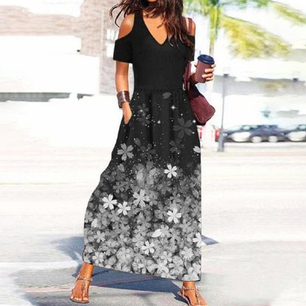 Black V Neck Floral Print Cold Shoulder Short Sleeve Dress