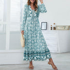 Half Button Allover Floral Print V Neck Bishop Sleeve Maxi Dress