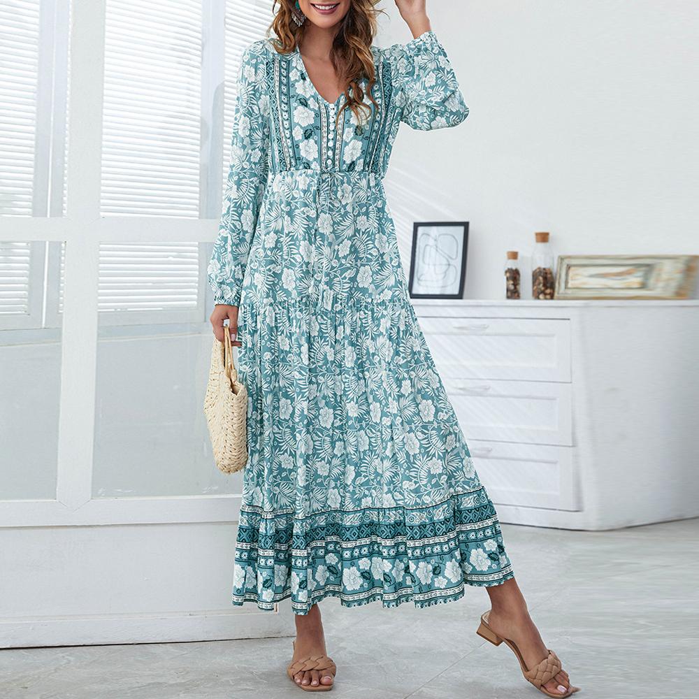 Half Button Allover Floral Print V Neck Bishop Sleeve Maxi Dress