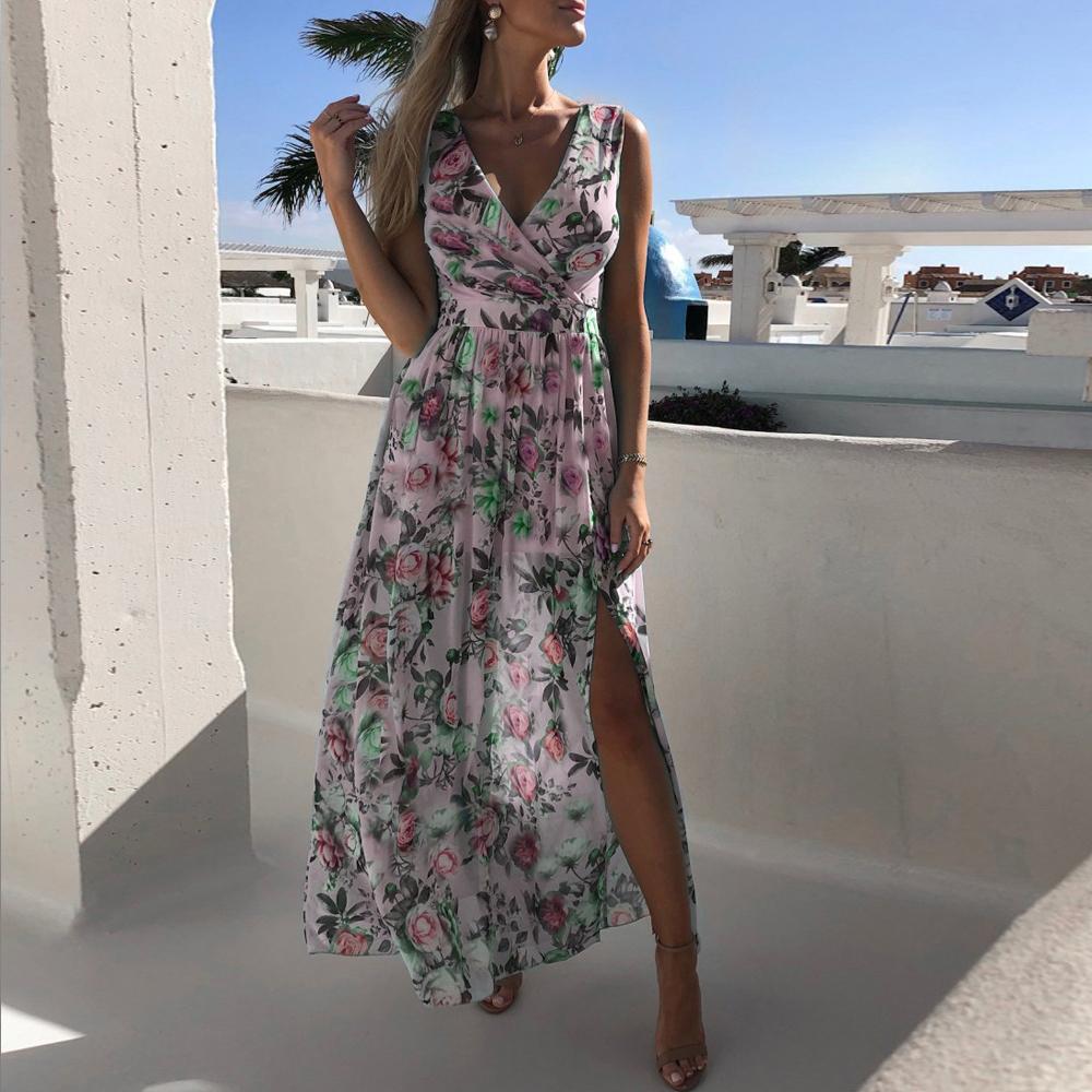 Floral Print Surplice Neck Sleeveless Split Thigh Maxi Dress
